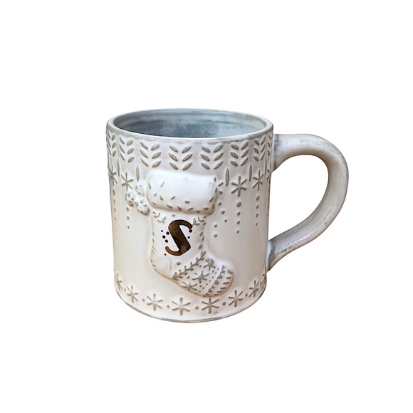 Anthropologie Pottery Stocking Reactive-Glazed Monogram  Leather S Mug. - Picture 1 of 10
